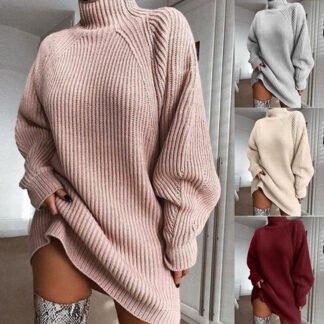 Suéter largo de cuello alto liso para mujer