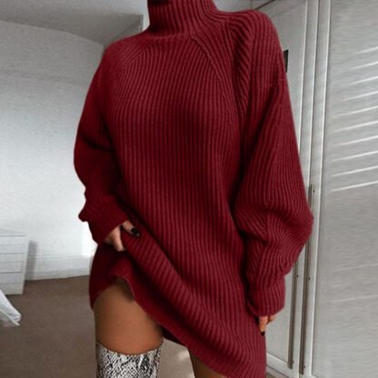 Suéter largo de cuello alto liso para mujer - Image 3